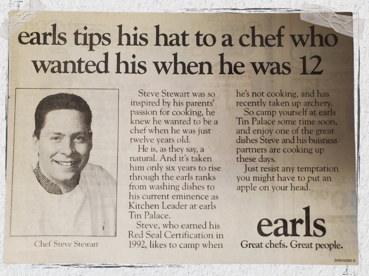 An early Earls newspaper advertisement featuring Chef Steve Stewart
